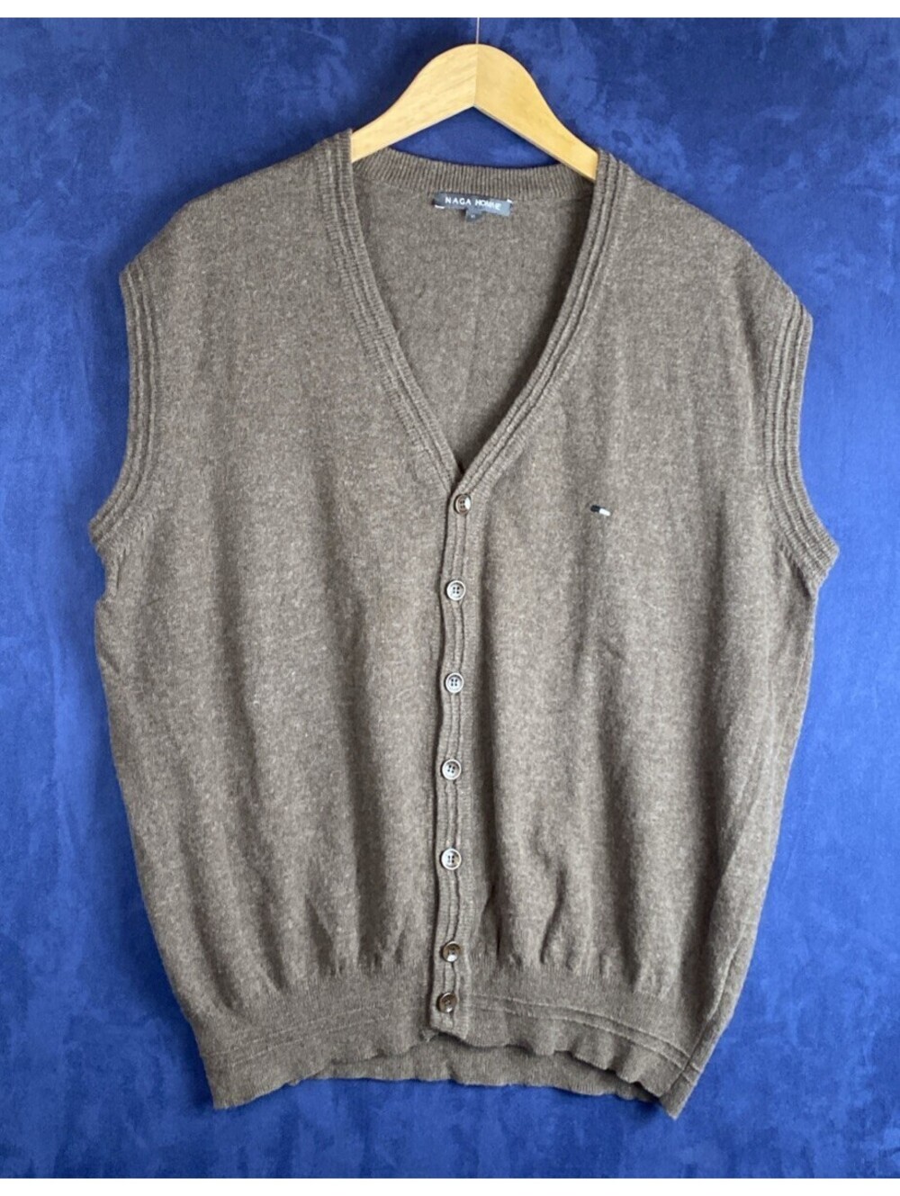 Naga Homme Men’s Sz. XL Brown V Neck Sleeveless Cardigan Wool Blend